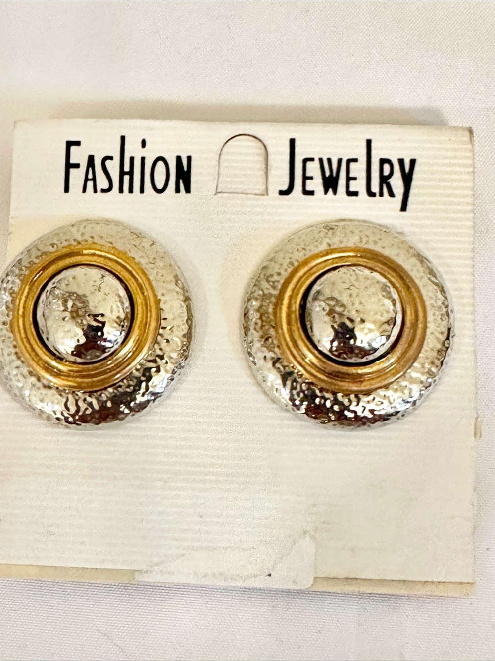 VTG Fashion Jewelry Two-Tone Hammered Button Earrings - Gold & Silver